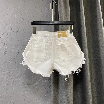 Nuovi Shorts Estivi da Donna 2026 in Denim Bianco, Stile A-Line Strappato a Gamba Larga, Hot Pants Casual alla Moda Streetwear per Ragazze