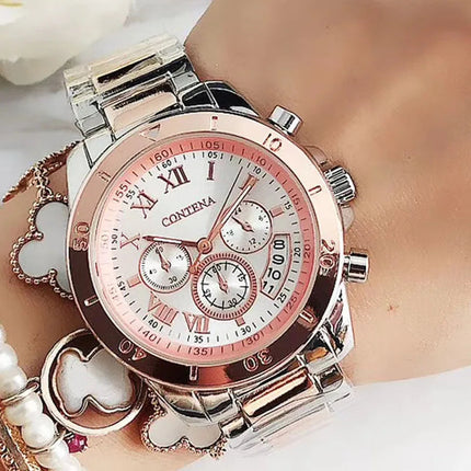 CONTENA Orologi eleganti di lusso per donna Orologio da donna in acciaio inossidabile Orologio da polso da donna alla moda Orologio al quarzo Reloj Mujer platinumshop
