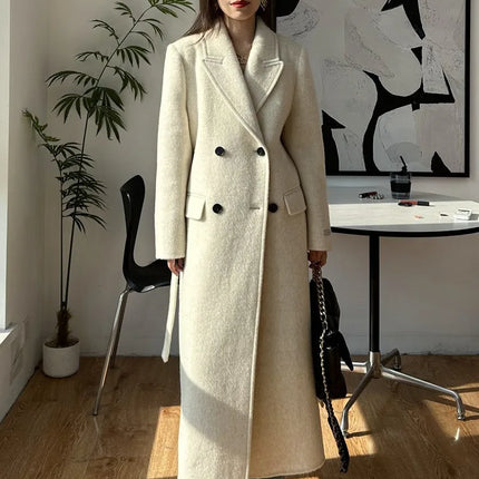 High-end White Thick Double-sided Wool Cashmere Coat Long Women Fashion Casual Loose Lapel Lace-up Woolen Jacket Autumn Winter