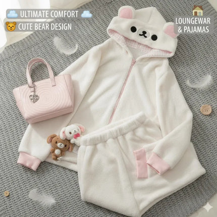 Cute Japan Bear Sleepwear Rilakkuma Y2K Hoodie Pajama Set Girls Fleece Lined Hooded Homewear Suit Autumn Winter Loungewear New