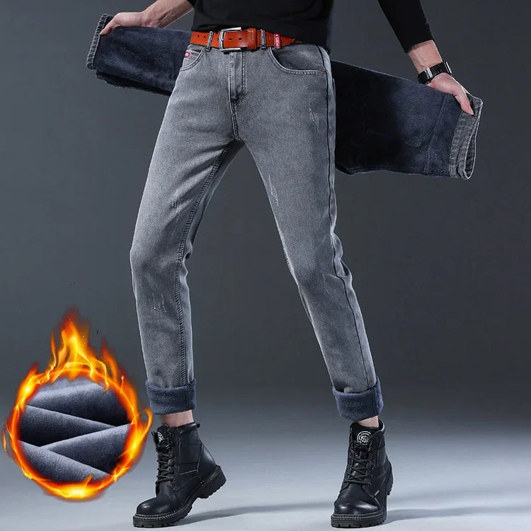 Winter Hot Sale of The Season Trendy Stretchy Fleece Lined Thick Denim Mid Waist Fashionable Casual Warm Long Pants Men's Jeans