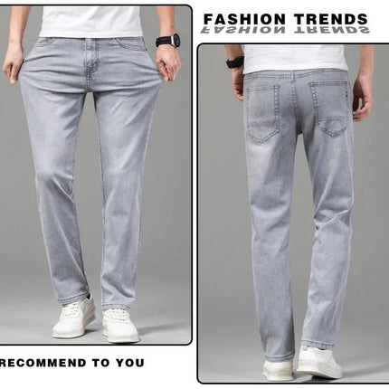 Summer Thin Men's Elastic Cotton Jeans Fashion Gray Comfortable Business Straight Casual Pants Brand Male Clothes Trousers PlatiNum