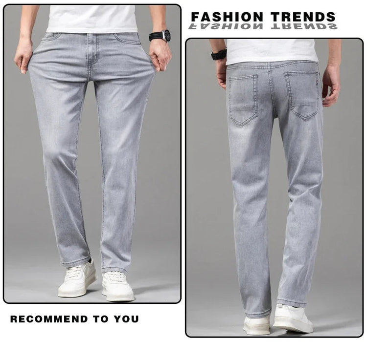 Summer Thin Men's Elastic Cotton Jeans Fashion Gray Comfortable Business Straight Casual Pants Brand Male Clothes Trousers PlatiNum