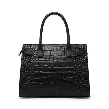 Borsa a Mano in Ecopelle Lucida Effetto Coccodrillo con Fiocco in Seta Stampata e Chiusura a Girello in Metallo, Borsa a Tracolla da Donna con Manico Superiore