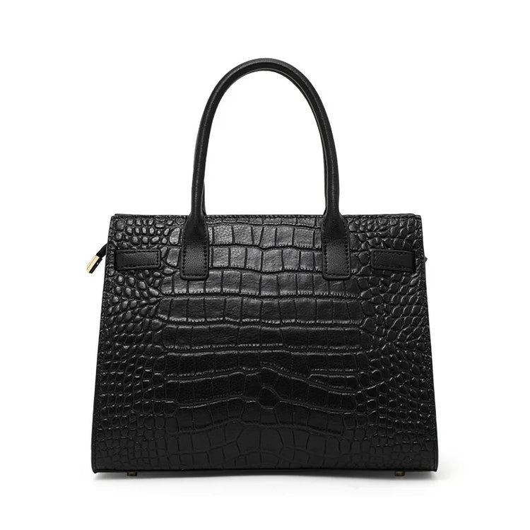 Borsa a Mano in Ecopelle Lucida Effetto Coccodrillo con Fiocco in Seta Stampata e Chiusura a Girello in Metallo, Borsa a Tracolla da Donna con Manico Superiore