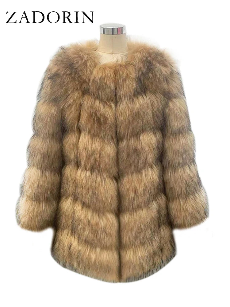 ZADORIN New Luxury Splicing Long Faux Fur Coat Woman Thick Warm Winter Fashion Fluffy Jacket Faux Fur Coats for Woman Outerwears