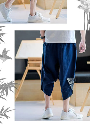 Pantaloni Kimono giapponesi da uomo in cotone traspirante Samurai Abbigliamento Pantaloni da uomo Stampa allentata Pantaloncini Harem retrò Pantaloni Hip Hop Harajuku