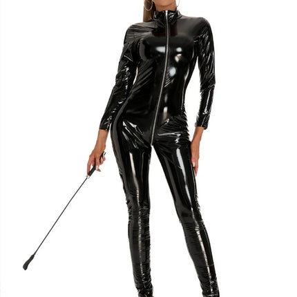 Sexy Lingerie Bodysuit, Shiny PVC & PU Leather Tight Corset Jumpsuit 3‑Zipper Crotch‑Open Glossy Wetlook Leather Outfit Sexy