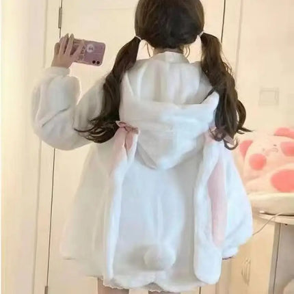 Kawaii Winter Clothes Cute Coats Women Rabbit Cosplay Costume Ears Hooded Lamb Wool Lolita Outwear Y2K Thicked Cartoon Jackets