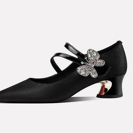 FHC Tacchi medi in pelle poco profonde, Scarpe da lavoro da donna da ufficio, Décolleté da donna, Papillon con strass, Punta a punta Vogue, Blu, Nero, Dropship