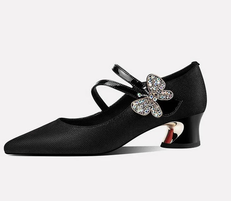 FHC Tacchi medi in pelle poco profonde, Scarpe da lavoro da donna da ufficio, Décolleté da donna, Papillon con strass, Punta a punta Vogue, Blu, Nero, Dropship