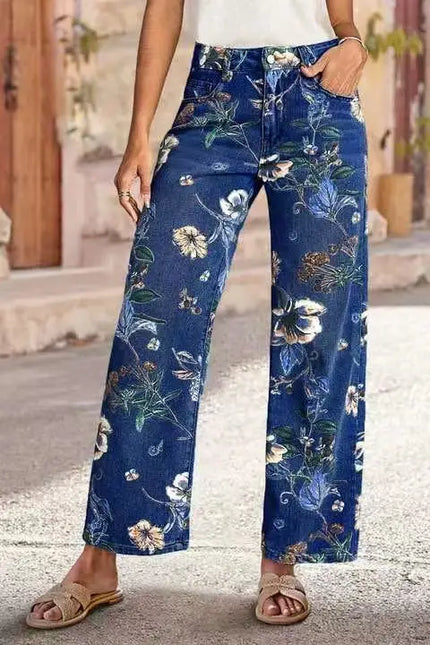 Jeans da donna con stampa Pantaloni a gamba larga Tasche a vita alta a tutta lunghezza Pantaloni dritti lavati in denim effetto consumato Casual invecchiato