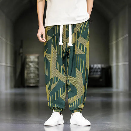 Pantaloni Primavera-Estate da Uomo in Stile Cinese, Sottili e Traspiranti in Cotone e Lino, con Vita Elastica, Pantaloni Harem Stampati Casual e Comodi