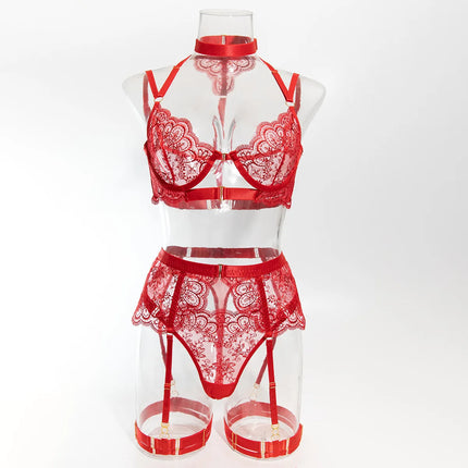 2024 New Erotic Set See-Through Embroidered Sexy Eyelash Lace Body Shaping Lingerie Five-Piece Set Women Onlyfan