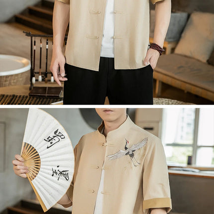 Camicie da uomo con gru ricamate Kungfu Tai Chi Casual manica corta nuovo stile cinese colletto alla coreana Cardigan in lino Tang Suit uomo Top