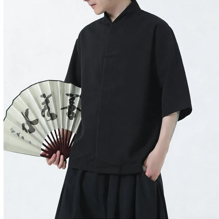 Camicie da uomo estive in lino di alta qualità, tinta unita, a maniche corte, stile cinese tradizionale, per Kung Fu e Tai Chi