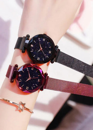 Orologi da donna con cielo stellato alla moda, fibbia magnetica, cintura in rete, orologio al quarzo con diamanti, orologio da donna platinumshop