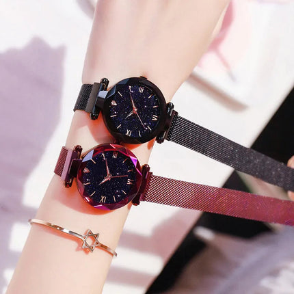 Orologi da donna con cielo stellato alla moda, fibbia magnetica, cintura in rete, orologio al quarzo con diamanti, orologio da donna platinumshop