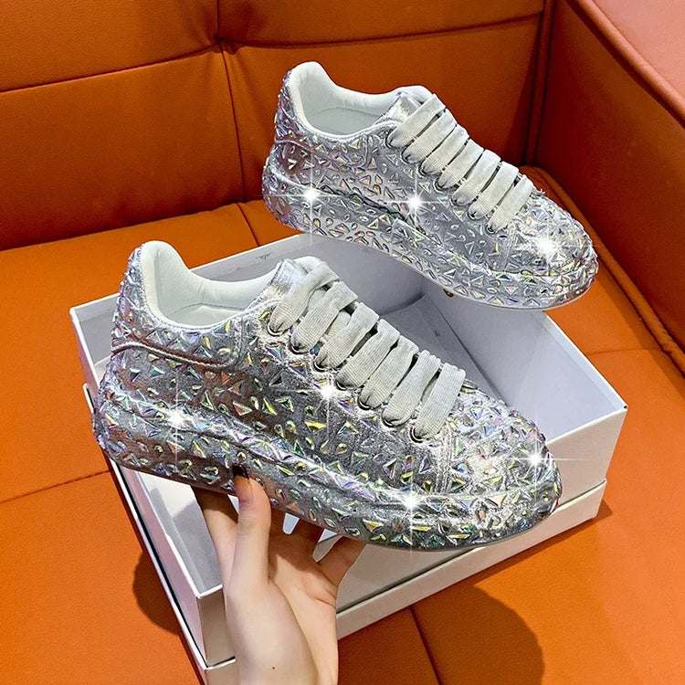 2025 Autumn Leather Women Shoes New Style Fashion Platform Shoes Ins Platforms Sneakers Tide Shine Bling Rhinestone Shoes