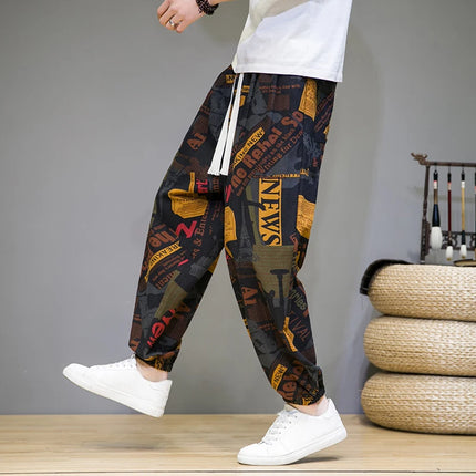 Pantaloni Primavera-Estate da Uomo in Stile Cinese, Sottili e Traspiranti in Cotone e Lino, con Vita Elastica, Pantaloni Harem Stampati Casual e Comodi