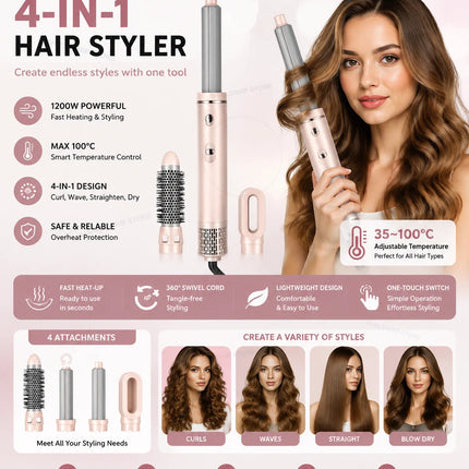 Professional 1200W 4‑in‑1 Hair Styling Tool, Interchangeable Attachments Hot Air Brush for All Hair Types