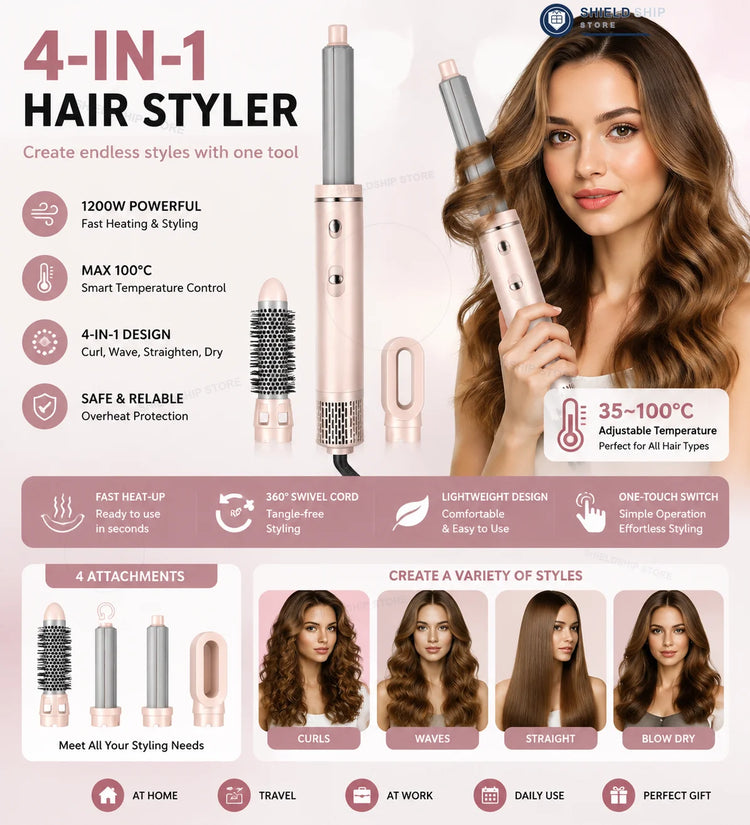 Professional 1200W 4‑in‑1 Hair Styling Tool, Interchangeable Attachments Hot Air Brush for All Hair Types