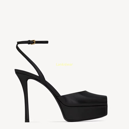 Platform Peep Toe Satin Slingback Pumps Sexy Square Toe Thin Heel Ankle Strap New Arrivals Fashion Women Modern Shoes