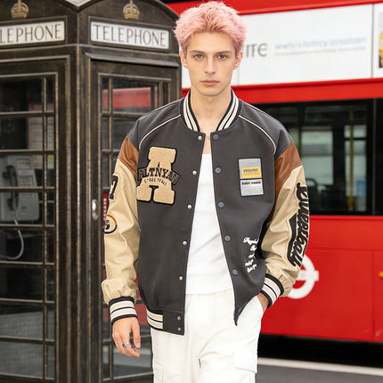 Men's Casual Varsity Jacket Motorcycle Bomber Coat Vintage Letterman Baseball Streetwear Outerwear with Faux Leather Sleeves