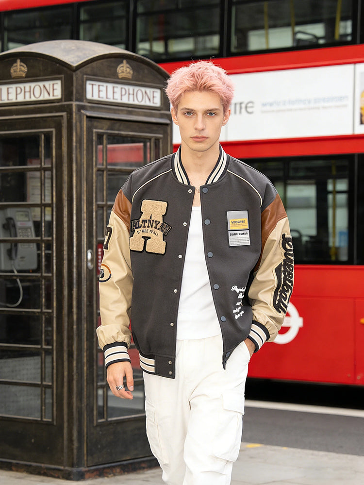 Men's Casual Varsity Jacket Motorcycle Bomber Coat Vintage Letterman Baseball Streetwear Outerwear with Faux Leather Sleeves