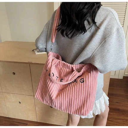 Large Capacity Striped Velvet Handbag Shoulder Bag for Woman Handbags Crossbody Bags, Versatile Letter Corduroy Women's Tote Bag PlatiNum