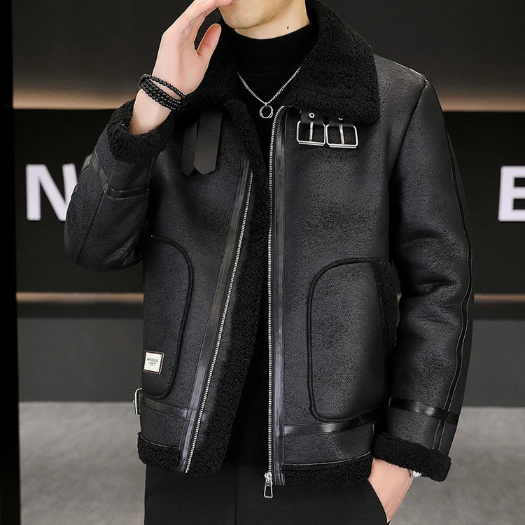 High-quality Faux Fur Leather Jackets Men Splicing Pockets Trend Casual Motorcycle Bike Jacket Winter Thick Warm Coat Streetwear
