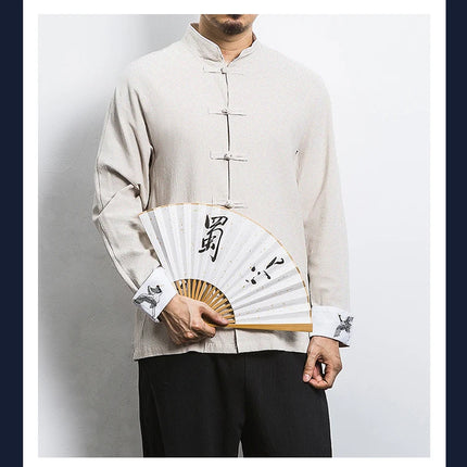 Nuovo gru ricamo top abbigliamento tradizionale cinese per uomo camicie vintage in lino a mezza manica colletto Madarin solido Hanfu Kungfu