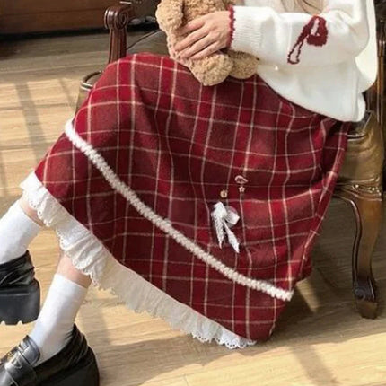 Sweet Red Plaid Long Skirt Women Vintage Faux Woolen Bow Cute Skirts Lace Patchwork High Waist Korean Elegant Warm Long Skirts PlatiNum