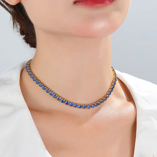 Collana a catena da tennis lucida con zirconi AAA da 5 mm Donna Uomo Hip Hop Iced Out Bling Blue CZ Collana Gioielli in oro 18 carati Regalo di fascino