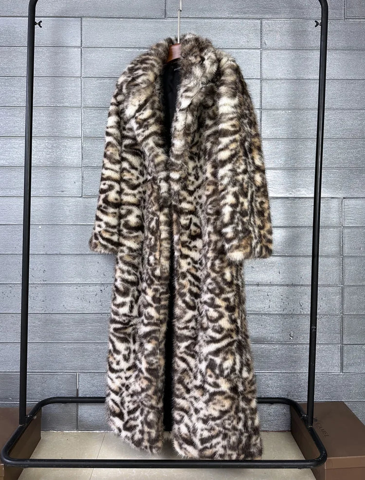 ZADORIN 130cm Long Thicken Lapel Cow Print White Brown Faux Fur Coat Woman Clothing Luxury Fluffy Jacket Winter Fur Coats Woman