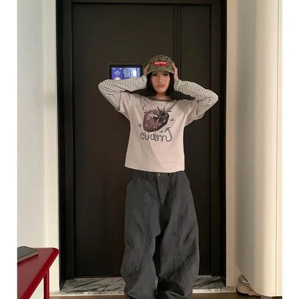 HOUZHOU Y2K Vintage Wash Donna Cargo Jeans Harajuku Scimitar Gamba larga Pantaloni in denim retrò americani Pantaloni larghi Gyaru Streetwear