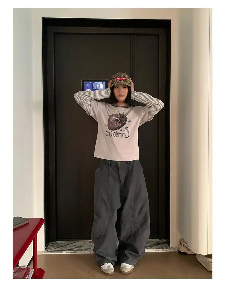 HOUZHOU Y2K Vintage Wash Donna Cargo Jeans Harajuku Scimitar Gamba larga Pantaloni in denim retrò americani Pantaloni larghi Gyaru Streetwear