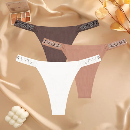 3Pcs/Set Seamless Low Waist Sexy Panties Women Thongs Rhinestones Letter Diamonds G-string Sports Thong Shorts Briefs T-back
