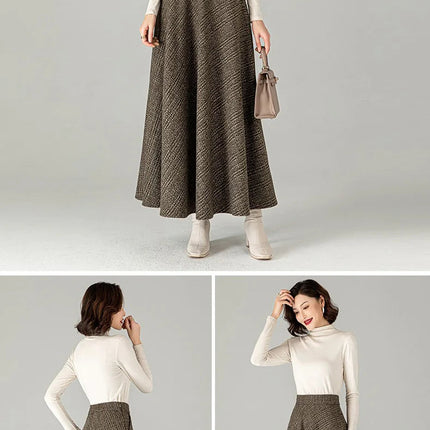 New Women Woolen Plaid Skirt Autumn Winter Fashion Elastic High Waist A-Line Wool Blended Long Skirt Simplicity Vintage Skirt PlatiNum