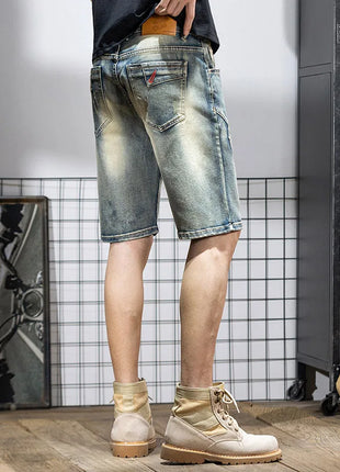 Pantaloncini di jeans da uomo estivi Retro moto cotone elastico moda jeans corti al ginocchio cerniera Hip Hop Rock Streetwear