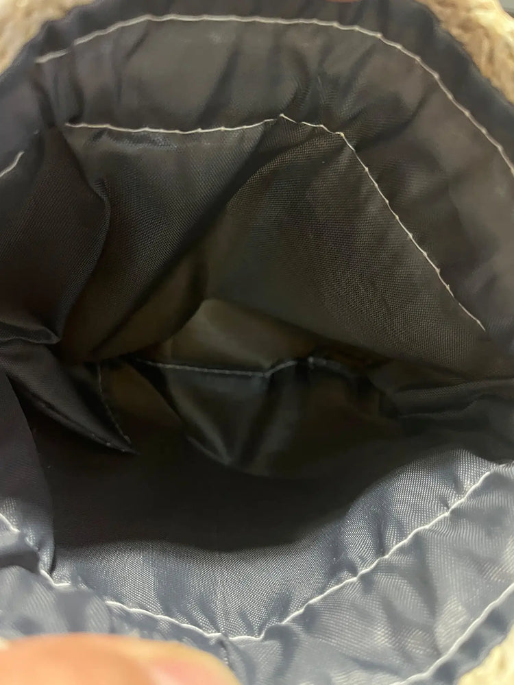 Borsa a secchiello con coulisse in paglia intrecciata leggera, con motivo girasole, ideale per vacanze al mare, per ragazza.