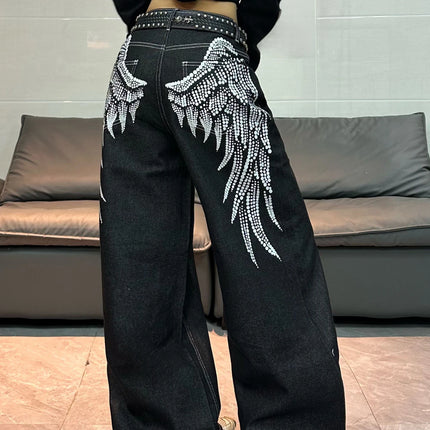 1 paio di jeans larghi con stampa Wing in stile retrò americano, pantaloni neri a gamba larga alla moda e versatili per donna