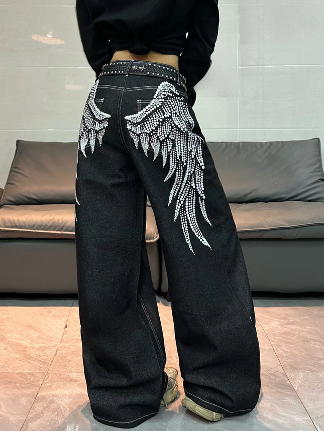 1 pair of American Retro Wing Print Loose Jeans, Black Wide-Leg Pants for Women