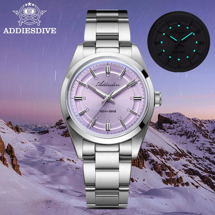ADDIESDIVE New Men Watch Purple VH31 Quartz Wristwatch Diving 100m Waterproof BWG9 Luminous  316L Stainless Steel 36mm Watches