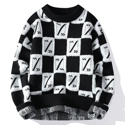 New Men's Fashion Round Neck Print Sweater Autumn Winter Contrast Color Printed Letter Long Sleeve Loose Casual Knitted Tops