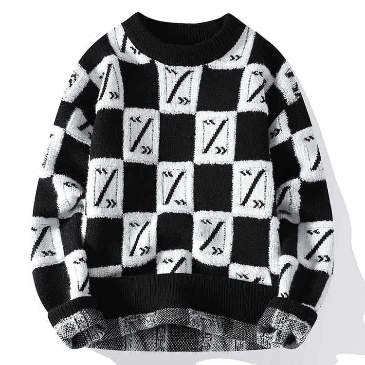 New Men's Fashion Round Neck Print Sweater Autumn Winter Contrast Color Printed Letter Long Sleeve Loose Casual Knitted Tops