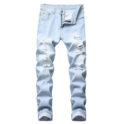 Casual Men's Light Blue Denim Jeans Ripped Straight Leg Slim Fit Non-Elastic Torn Casual Style Chinese Production PlatiNum
