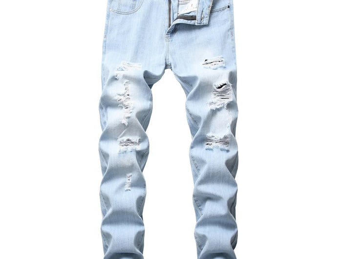 Casual Men's Light Blue Denim Jeans Ripped Straight Leg Slim Fit Non-Elastic Torn Casual Style Chinese Production PlatiNum