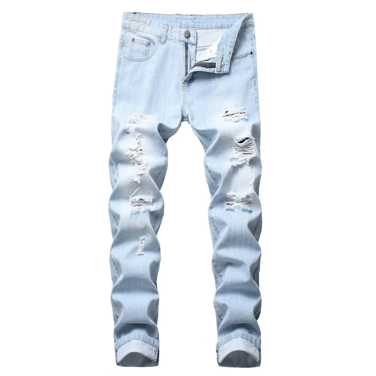 Casual Men's Light Blue Denim Jeans Ripped Straight Leg Slim Fit Non-Elastic Torn Casual Style Chinese Production PlatiNum
