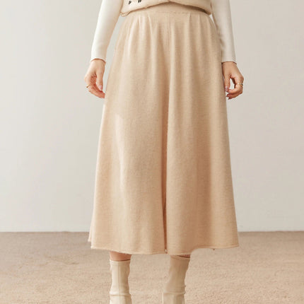 Women's 100% Pure Cashmere Skirt Autumn Winter Mid-calf A-line Knitted Full Skirt High Waist Soild Dress Elegant Basic High-end PlatiNum